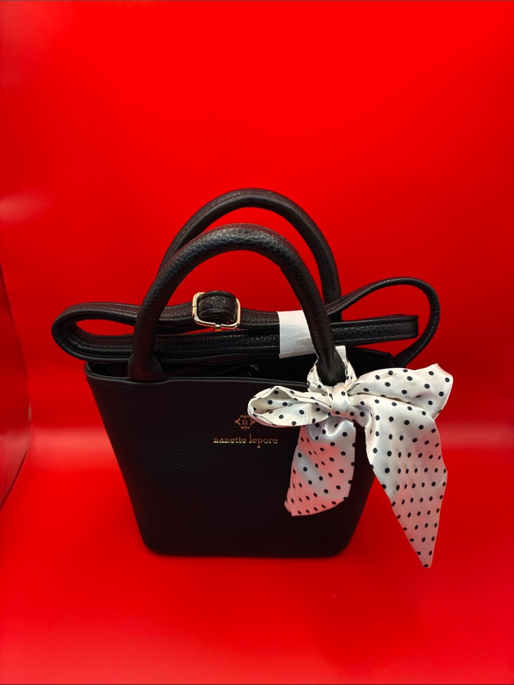 nanette lepore mini Black Pebbled Leather Top-Handle Bag with Polka Dot Scarf